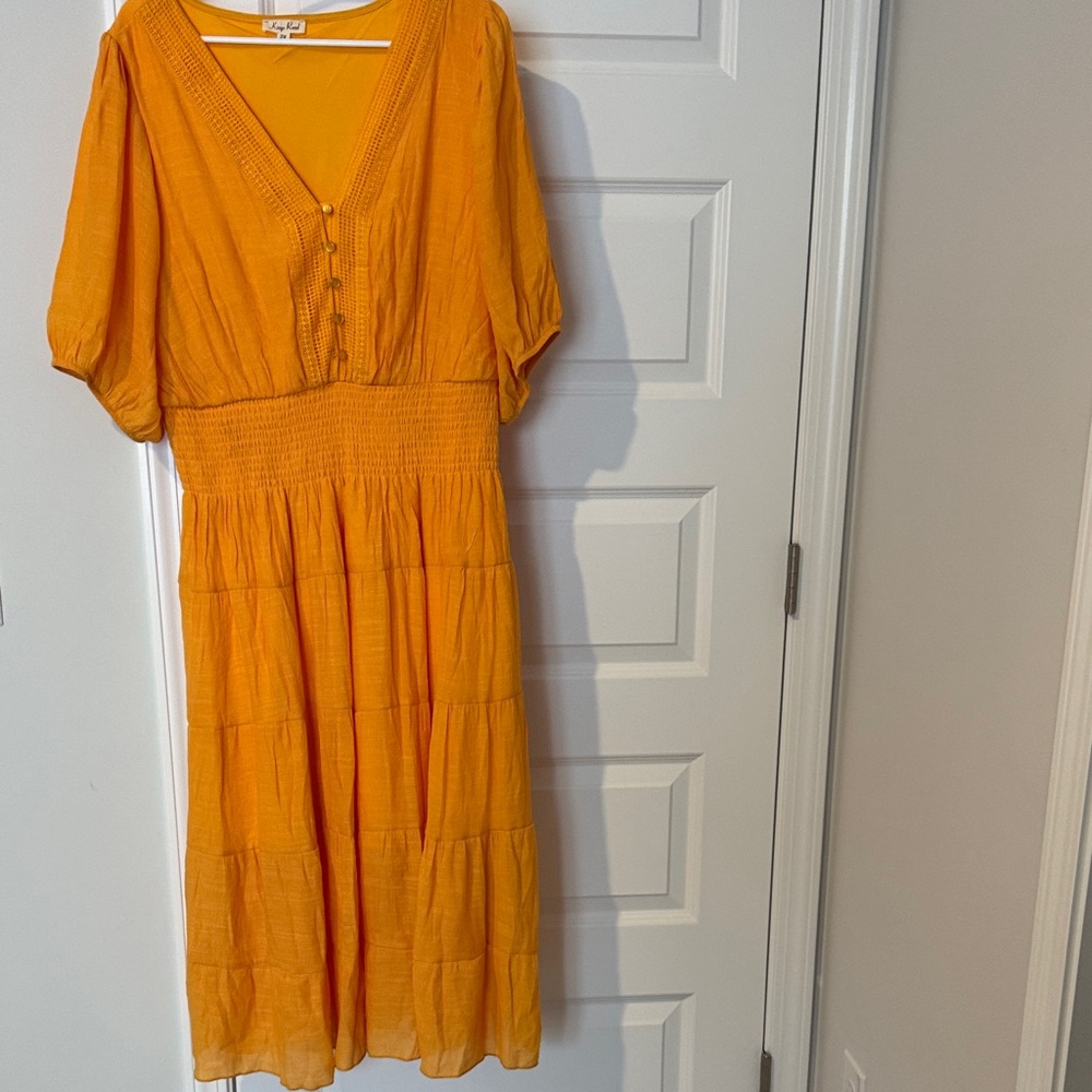 Smocked Waist Orange Midi Dress with V-Neck and Button Detail